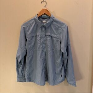 REI Co-op Sahara Women’s Button-Up Long SLV  Shirt Lightweight Blue/GRN Size L